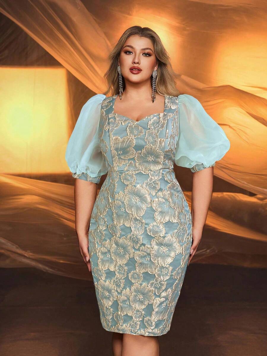 Step into the spotlight with this Elegant Plus Size Gray Blue Satin Weave Jacquard Puff Sleeve Party Dress. Its luxurious jacquard fabric shimmers in gray and blue hues, while playful puff sleeves add a flirty flair. Perfect for weddings and cocktail events, this dress combines comfort with style to make sure you dance the night away feeling fabulous. Embrace elegance with a twist of fun!