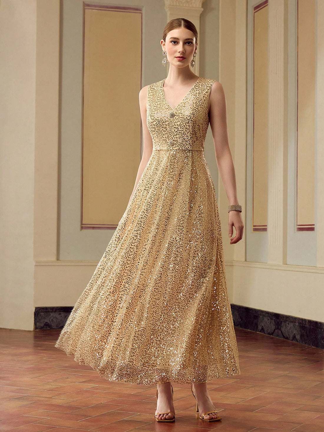 Shine bright and dance the night away in this Elegant Sparkly V-Neck Sleeveless Dress. Designed to highlight your slim waist, this party gown adds just the right amount of sparkle to keep all eyes on you. Its flattering cut and shimmering fabric make every celebration a chance to sparkle with confidence and fun.