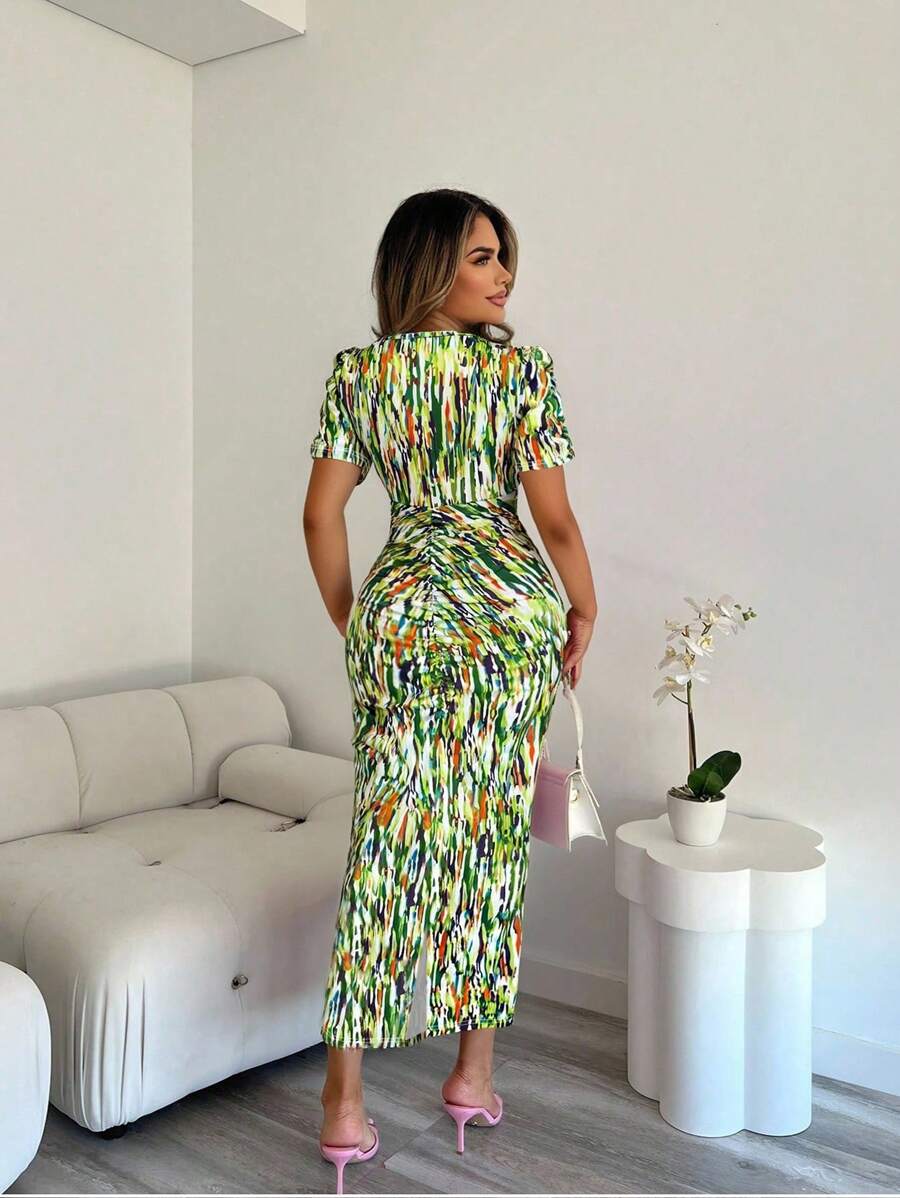 Step out in style with this Elegant Ruched V-Neck Short Sleeve Maxi Dress, designed to turn heads with its all-over playful print. The flattering ruched detail hugs your silhouette while the breezy short sleeves keep you comfy all day long. Perfect for twirling through sunny afternoons or dancing the night away, this dress blends elegance with fun effortlessly.