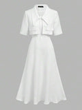 Full Outfit Front View in white with flared midi skirt for wedding and office styling