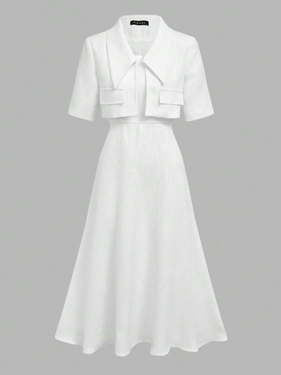Full Outfit Front View in white with flared midi skirt for wedding and office styling