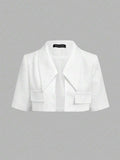 Front View Of Cropped Jacket in white with flared midi skirt for wedding and office styling