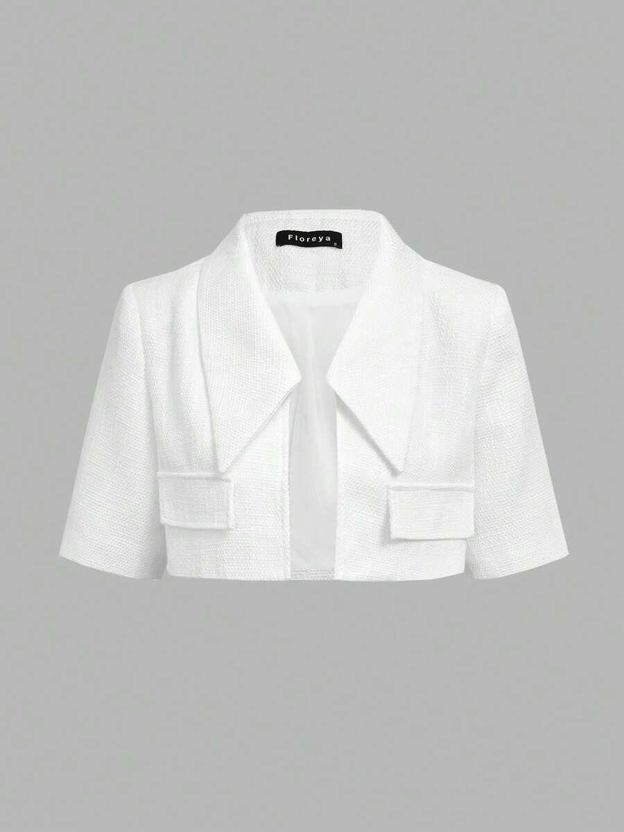 Front View Of Cropped Jacket in white with flared midi skirt for wedding and office styling