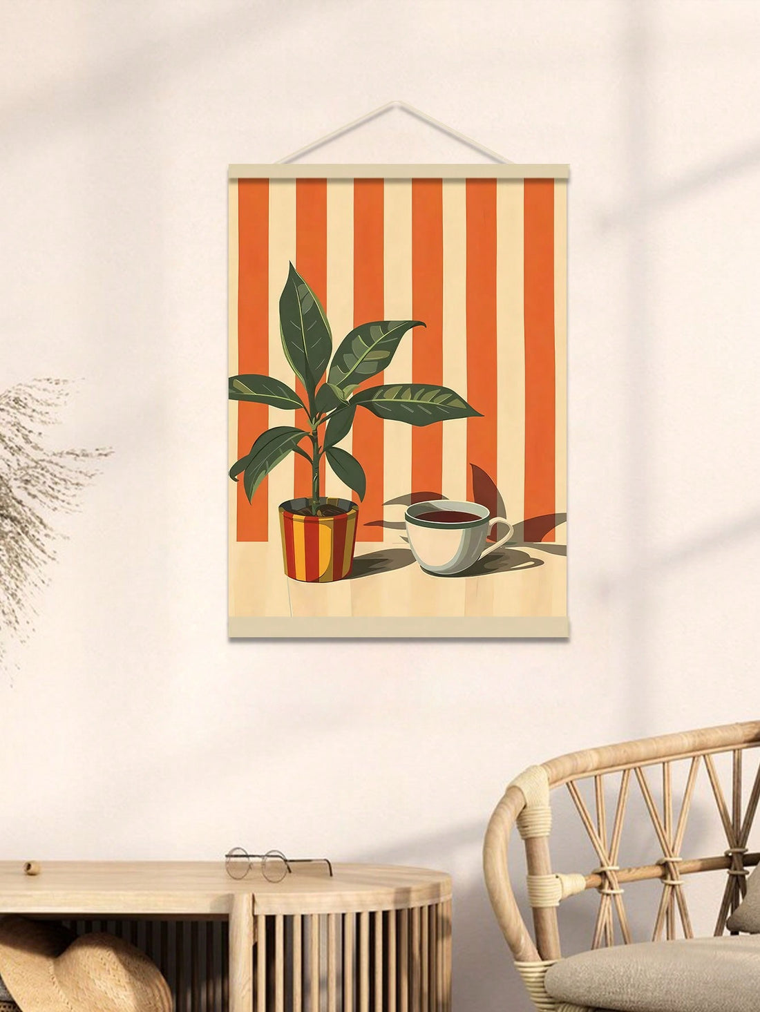 Brew up some style with this charming midcentury wall art that celebrates two of life's greatest pleasures: coffee and plants. Featuring warm, inviting stripes and a minimalist aesthetic, this vintage-inspired print brings cozy nostalgia to any room. Perfect for coffee lovers, plant parents, and anyone who appreciates retro design, it's an instant conversation starter that works beautifully in kitchens, offices, living rooms, or creative spaces. Transform your walls into a gallery of good vibes and timeless