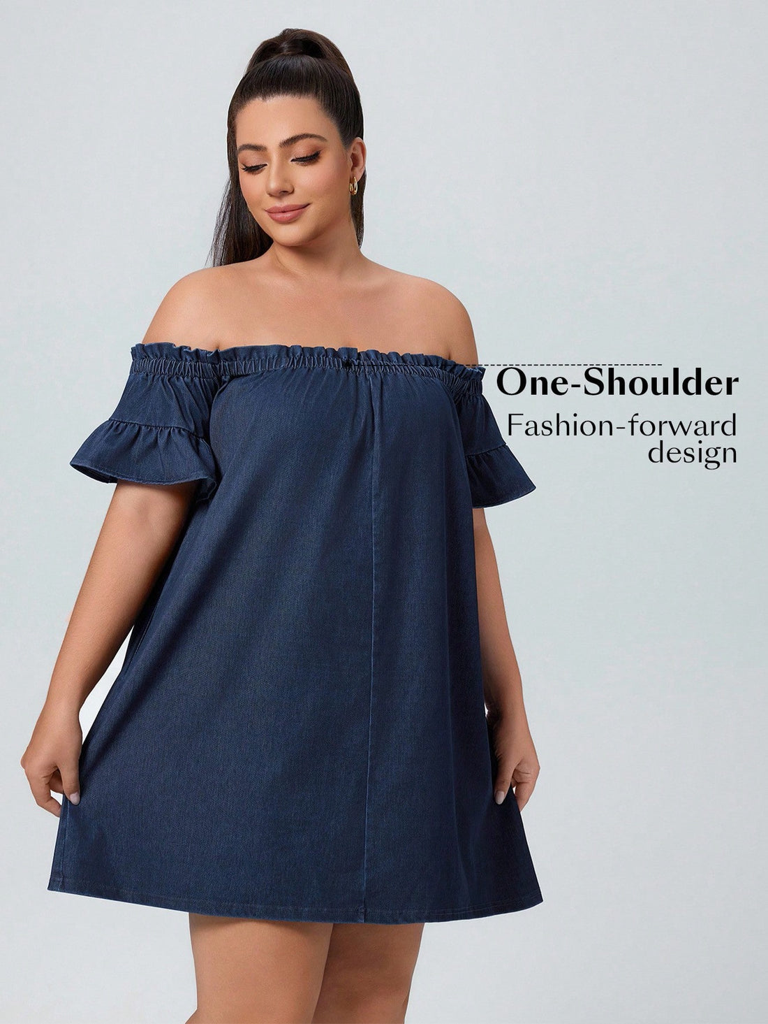 Turn heads effortlessly in this Plus Size Off-The-Shoulder Ruched Denim Dress. Its playful ruffles and comfy loose fit make it perfect for carefree vacation days or casual outings. The ruched detail adds a flirty touch, while the denim fabric keeps it cool and easy to wear. Embrace your curves with style and comfort all in one!