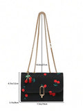 Image 8 - closure detail of Vintage Cherry Pattern Mini Square Shoulder Bag – Versatile Flap & Adjustable Chain for Stylish Daily Use