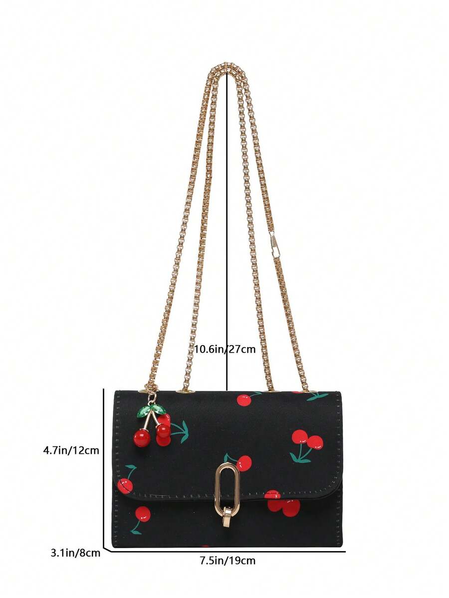 Image 8 - closure detail of Vintage Cherry Pattern Mini Square Shoulder Bag – Versatile Flap & Adjustable Chain for Stylish Daily Use
