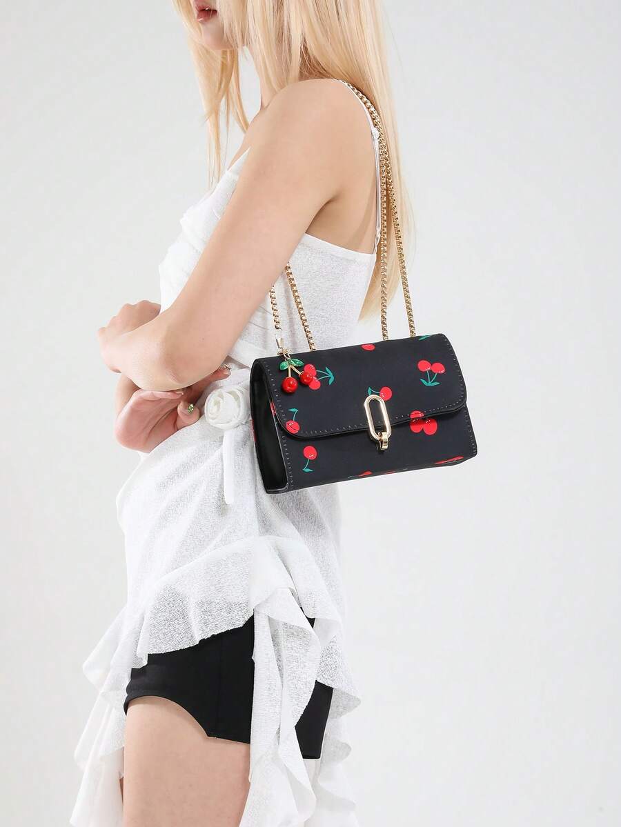 Image 7 - styled outfit of Vintage Cherry Pattern Mini Square Shoulder Bag – Versatile Flap & Adjustable Chain for Stylish Daily Use