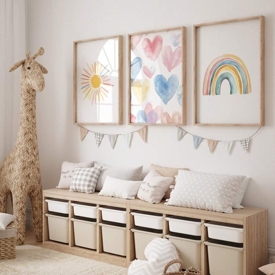 Brighten your child's room with this charming 3-piece watercolor wall art set. Featuring a cheerful sun, vibrant rainbow, and sweet heart design, each piece brings playful color and warmth to nurseries and kids' bedrooms. The soft watercolor style complements any décor while sparking imagination and joy. Perfect for creating a welcoming, creative space that grows with your child. Easy to display and ideal for adding personality to walls without clutter.