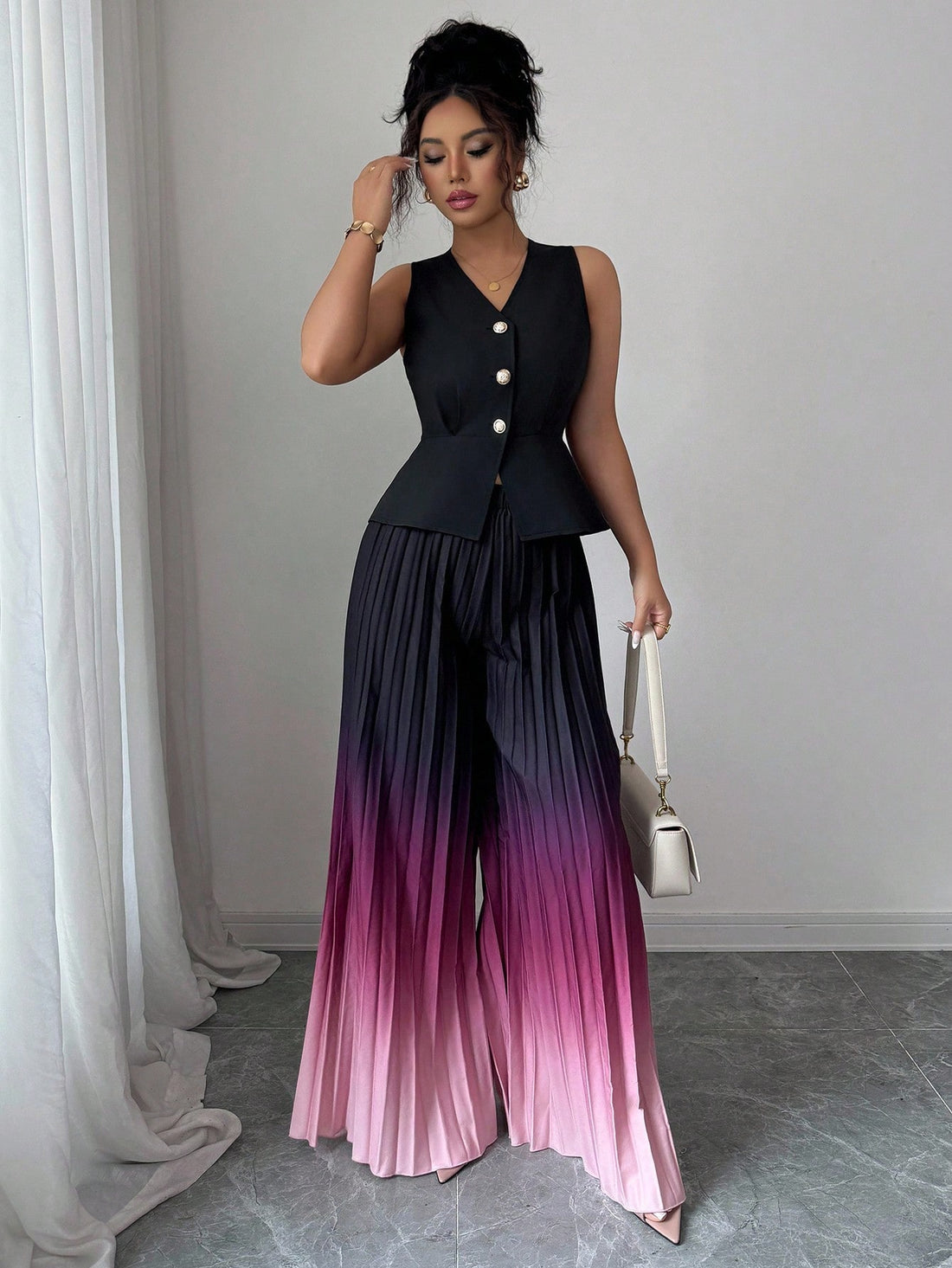 Elevate your fall wardrobe with this chic 2-piece outfit set designed for effortless style. The sleeveless button-up vest features a stunning pleated ombre design that transitions beautifully through autumn hues, making it the perfect layering piece for any occasion. Pair it with the coordinating bottom to create a polished, put-together look that works from brunch to evening plans. Versatile, on-trend, and ready to become your new seasonal favorite!