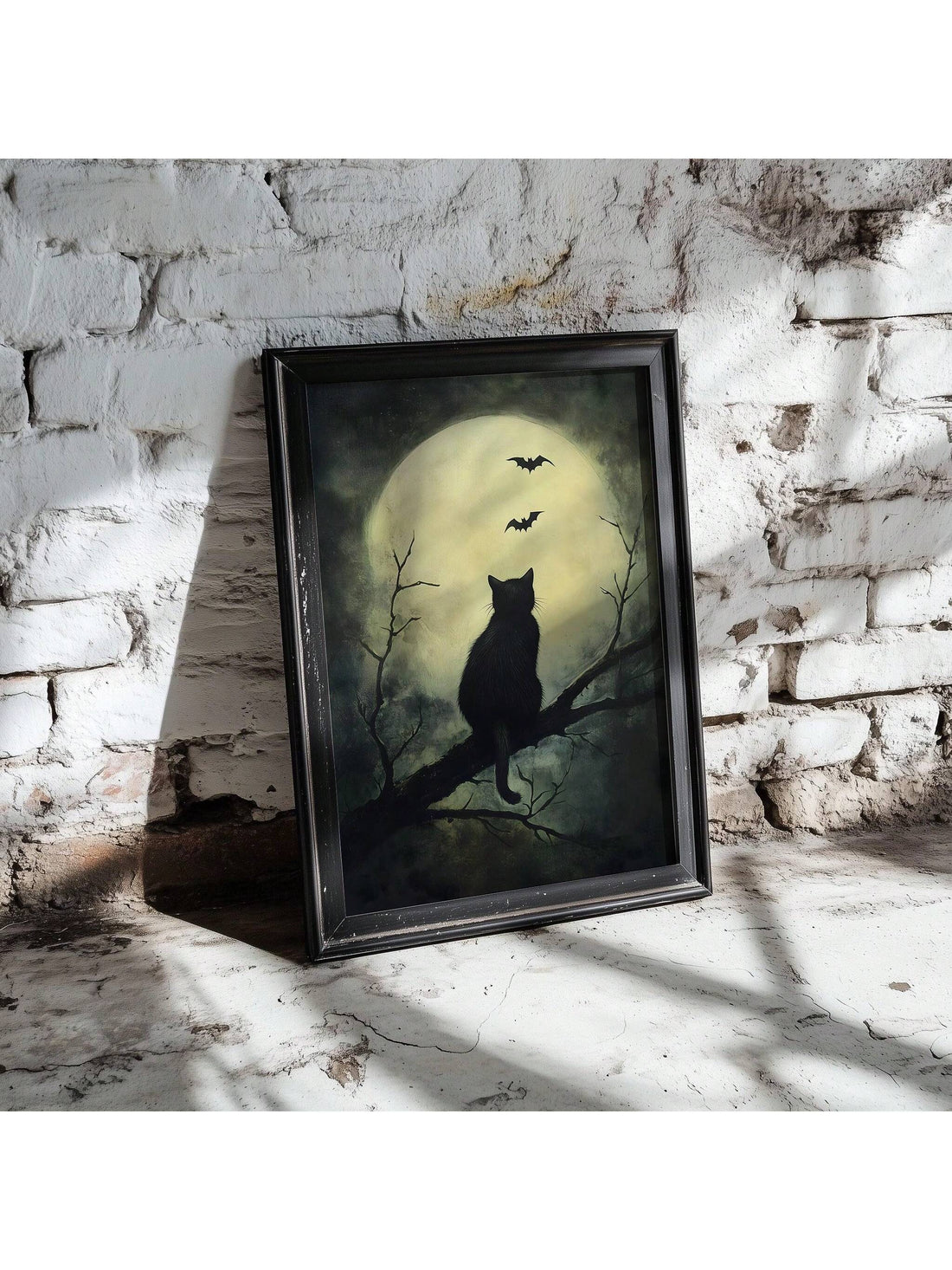 Add a spooky touch to your space with this Vintage Black Cat & Bat Halloween Art Print. Perfect for home or dorm, this gothic-inspired wall decor brings a playful yet eerie vibe to your Halloween celebrations. Its classic design captures the mysterious charm of black cats and bats, making it a fun and festive addition to your seasonal decorations.