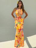 Orange yellow floral halter cutout maxi dress