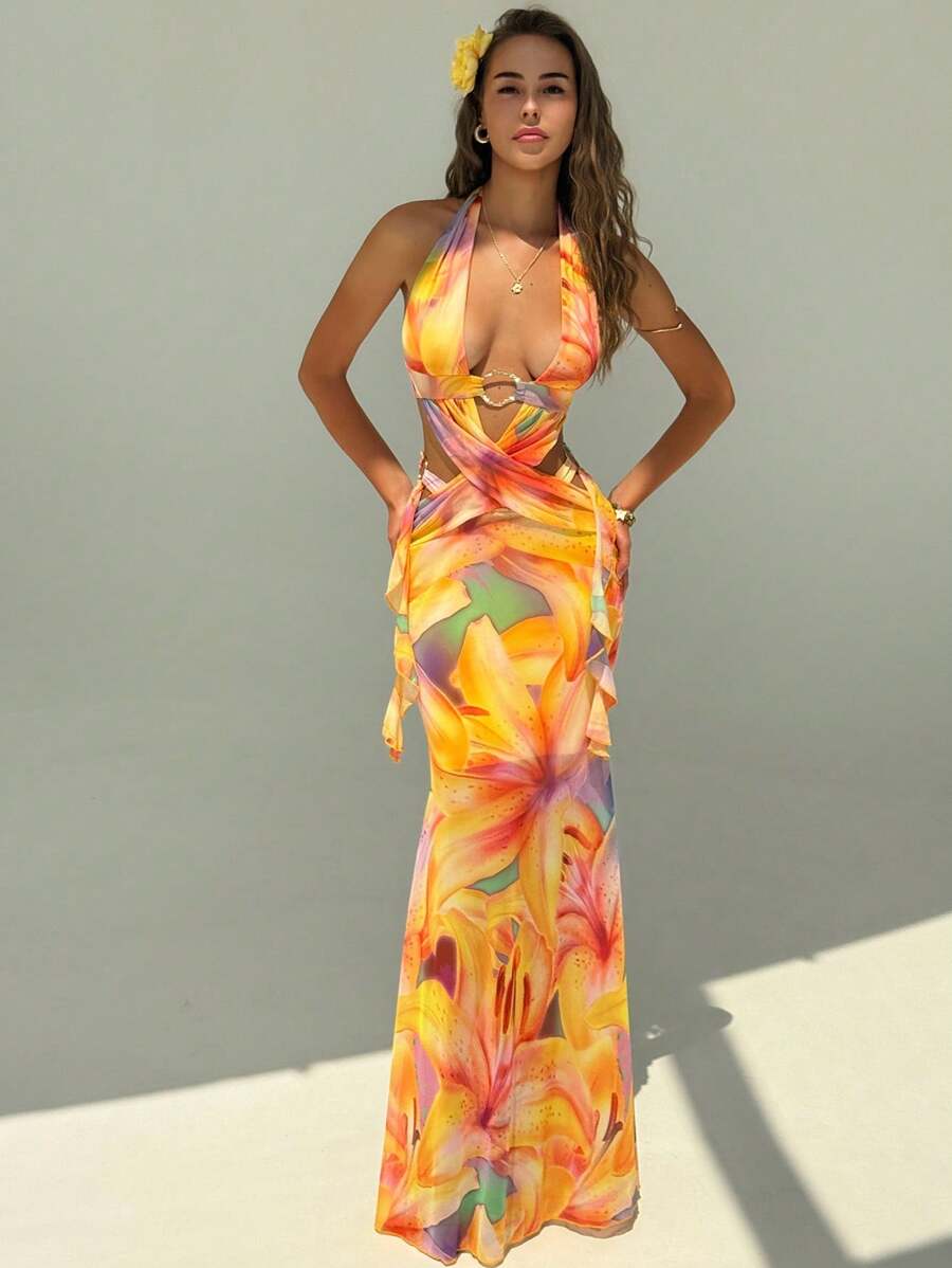 Orange yellow floral halter cutout maxi dress