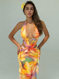 Orange tropical maxi dress open back tie view