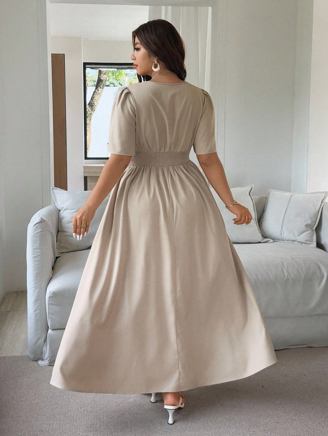 Step into summer with flair in this Plus Size Elegant Solid Color V-Neck Dress. Its flattering V-neck highlights your neckline, while the stylish waist decor adds a fun twist to your silhouette. Light and breezy, this dress keeps you cool and confident for all your sunny adventures. Perfect for playful days and elegant nights alike!