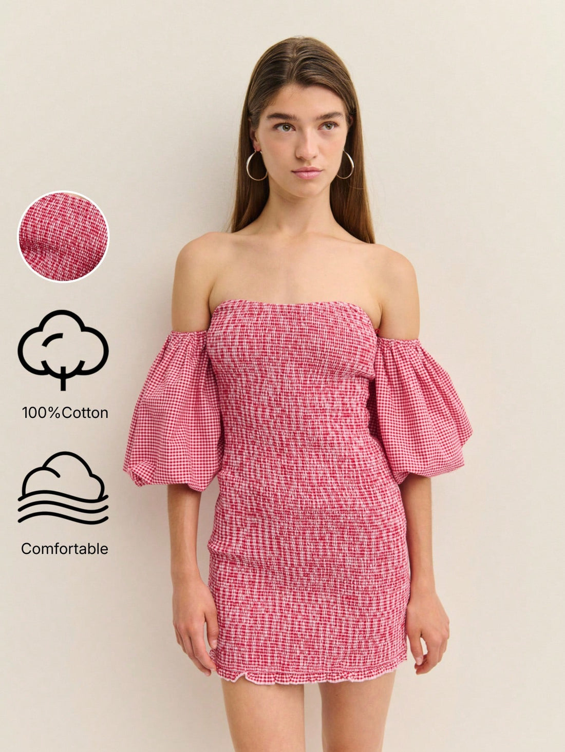 Effortlessly chic and undeniably fun, this gingham bardot mini dress is your new vacation essential. The classic gingham pattern brings timeless charm, while the flattering bardot neckline offers a touch of elegance with an easy, off-shoulder vibe. Perfect for lazy beach days, casual brunches, or spontaneous adventures, this lightweight piece transitions seamlessly from day to night. Pair it with sneakers for a relaxed look or dress it up with sandals and jewelry for evening outings. A wardrobe staple that 