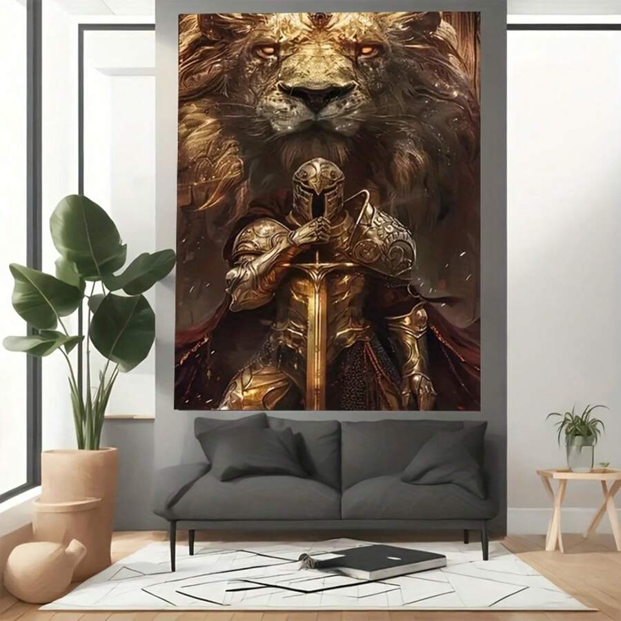 Portrait framed lion and armored warrior canvas above a gray sofa in a bright living room