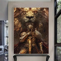 Portrait canvas artwork showing lion and armored warrior with sword, close view of bronze and gold graphic detail