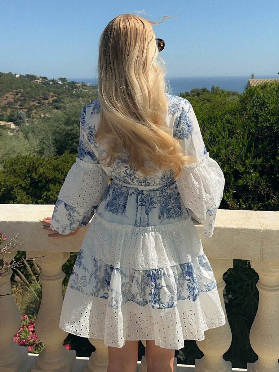Embrace effortless bohemian style with this enchanting autumn flower print dress. Featuring delicate hollow-out embroidery and a flattering A-line silhouette, it's designed for those who love versatile, eye-catching pieces. The high-waisted cut, bishop sleeves, and layered ruffle hem create a romantic, flowing look perfect for casual outings, holiday gatherings, or campus days. The V-neckline adds a touch of elegance, while the included belt lets you customize your fit. Crafted from a comfortable woven poly