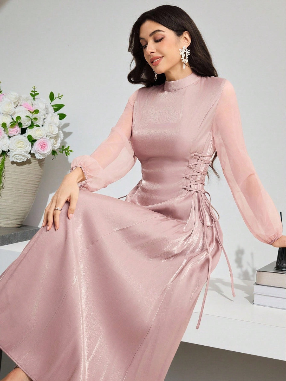 Step into autumn’s charm with this playful mid-length dress designed just for you. Featuring a chic stand collar and whimsical lantern sleeves, it adds a touch of fun flair to special occasions. The flattering silhouette and cozy fit make it your go-to for turning heads while staying comfortably stylish all season long.