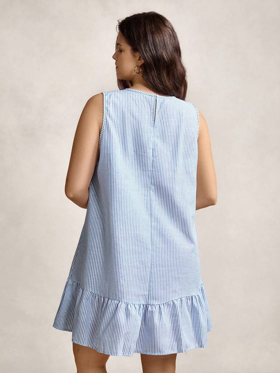 Turn heads this summer in our Chic Plus Size Women's Striped Sleeveless Dress. Its playful stripes and flirty ruffle hem add fun to casual days, while the sleeveless design keeps you cool and comfy. Perfect for sunny outings or relaxed weekends, this dress blends style and ease effortlessly.