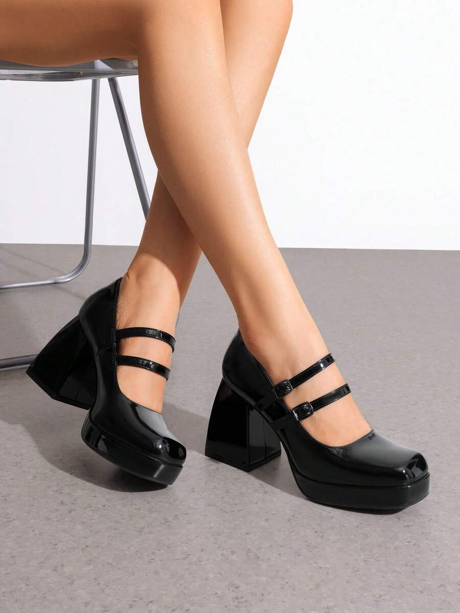 platform Mary Jane block heel pumps image 11 showing visible heel, strap, toe, color, and material details