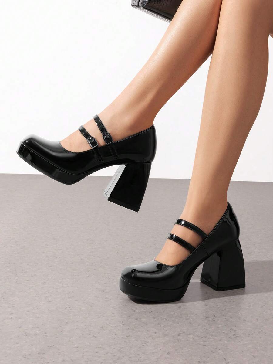 platform Mary Jane block heel pumps image 10 showing visible heel, strap, toe, color, and material details