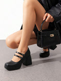 platform Mary Jane block heel pumps image 6 showing visible heel, strap, toe, color, and material details