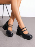 platform Mary Jane block heel pumps image 5 showing visible heel, strap, toe, color, and material details