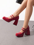 platform Mary Jane block heel pumps image 2 showing visible heel, strap, toe, color, and material details