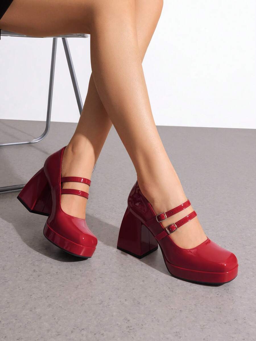 platform Mary Jane block heel pumps image 3 showing visible heel, strap, toe, color, and material details