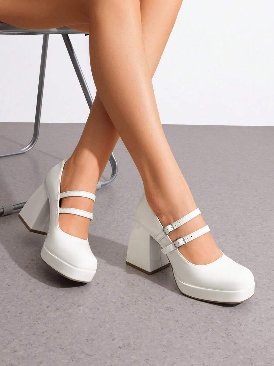platform Mary Jane block heel pumps image 13 showing visible heel, strap, toe, color, and material details