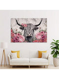 Highland cow wall art with rose crown and pale marble background