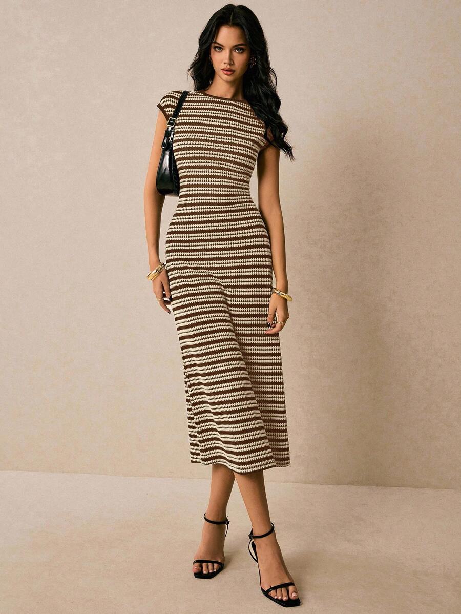 Brown cream striped sleeveless knit midi dress front view