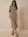 Brown cream striped sleeveless knit midi dress front view