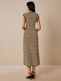 Brown cream striped sleeveless knit dress back view