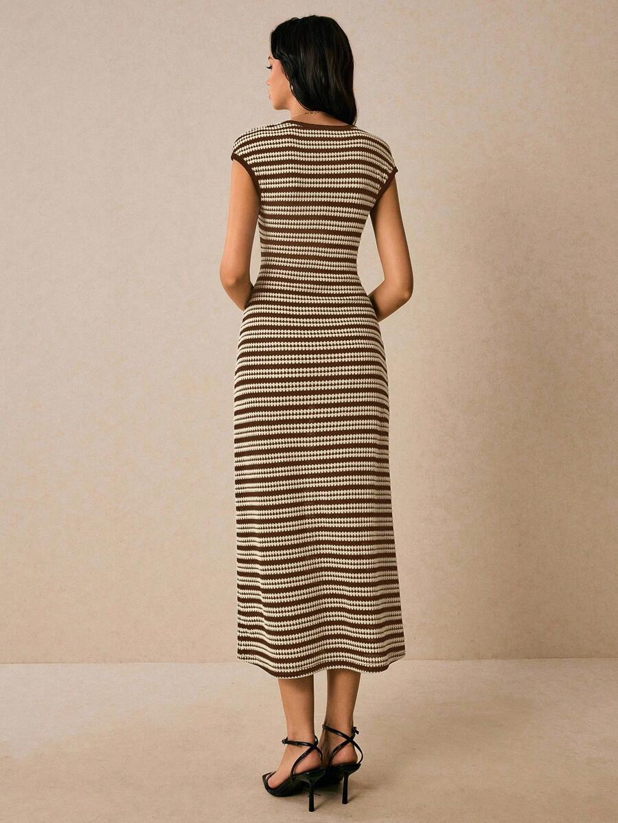 Brown cream striped sleeveless knit dress back view