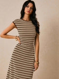 Brown cream striped sleeveless knit dress close front