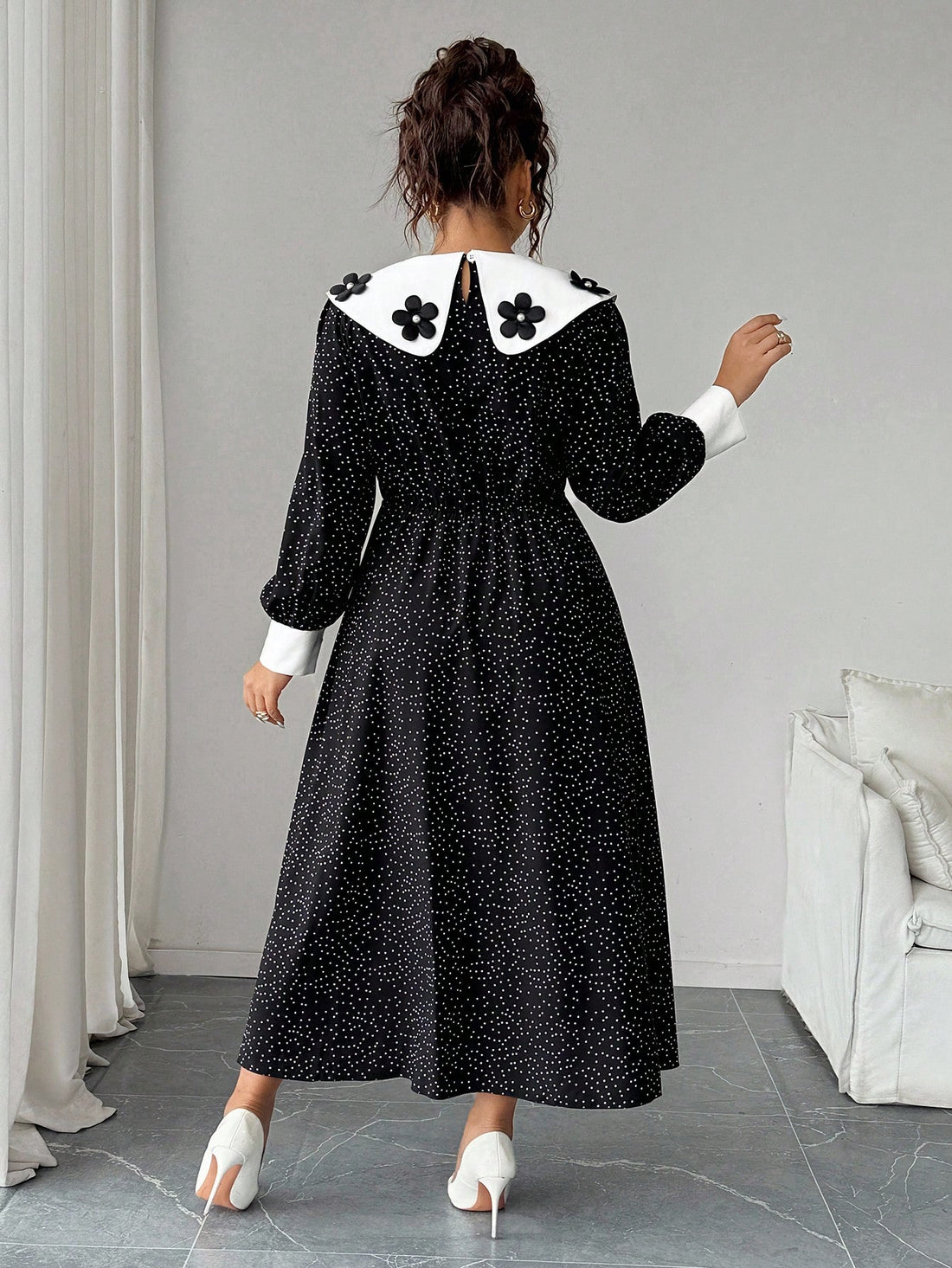 Make a statement at your next outdoor celebration in this charming navy polka dot A-line dress! The playful white dots dance across a sophisticated navy base, while contrast sleeves add an unexpected twist that keeps things fun and flirty. Designed with plus-size curves in mind, the A-line silhouette flatters your figure and moves beautifully as you celebrate life's special moments. Whether you're attending a garden party, bridal shower, or outdoor wedding, this dress brings together timeless elegance with 