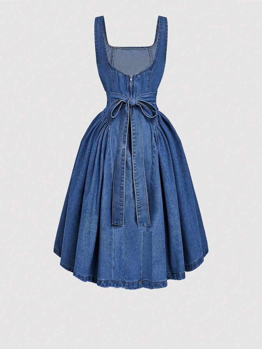 Effortless style meets timeless appeal with this light blue denim dress. The sleeveless silhouette and square neckline create a modern, flattering look, while the cinched waist defines your figure beautifully. Perfect for autumn and winter gatherings, this casual dress transitions seamlessly from day to night. Pair it with boots, sneakers, or heels to match your mood. Crafted from quality denim, it's a versatile wardrobe essential that works for parties, brunches, or casual outings.