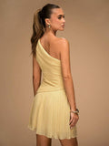 Back view pale yellow one-shoulder mini dress with pleated skirt