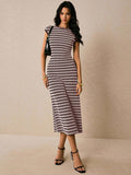 Burgundy cream striped sleeveless knit midi dress front view