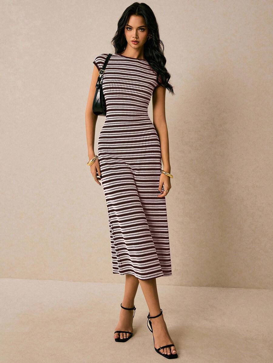 Burgundy cream striped sleeveless knit midi dress front view