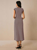 Burgundy cream striped sleeveless knit dress back view