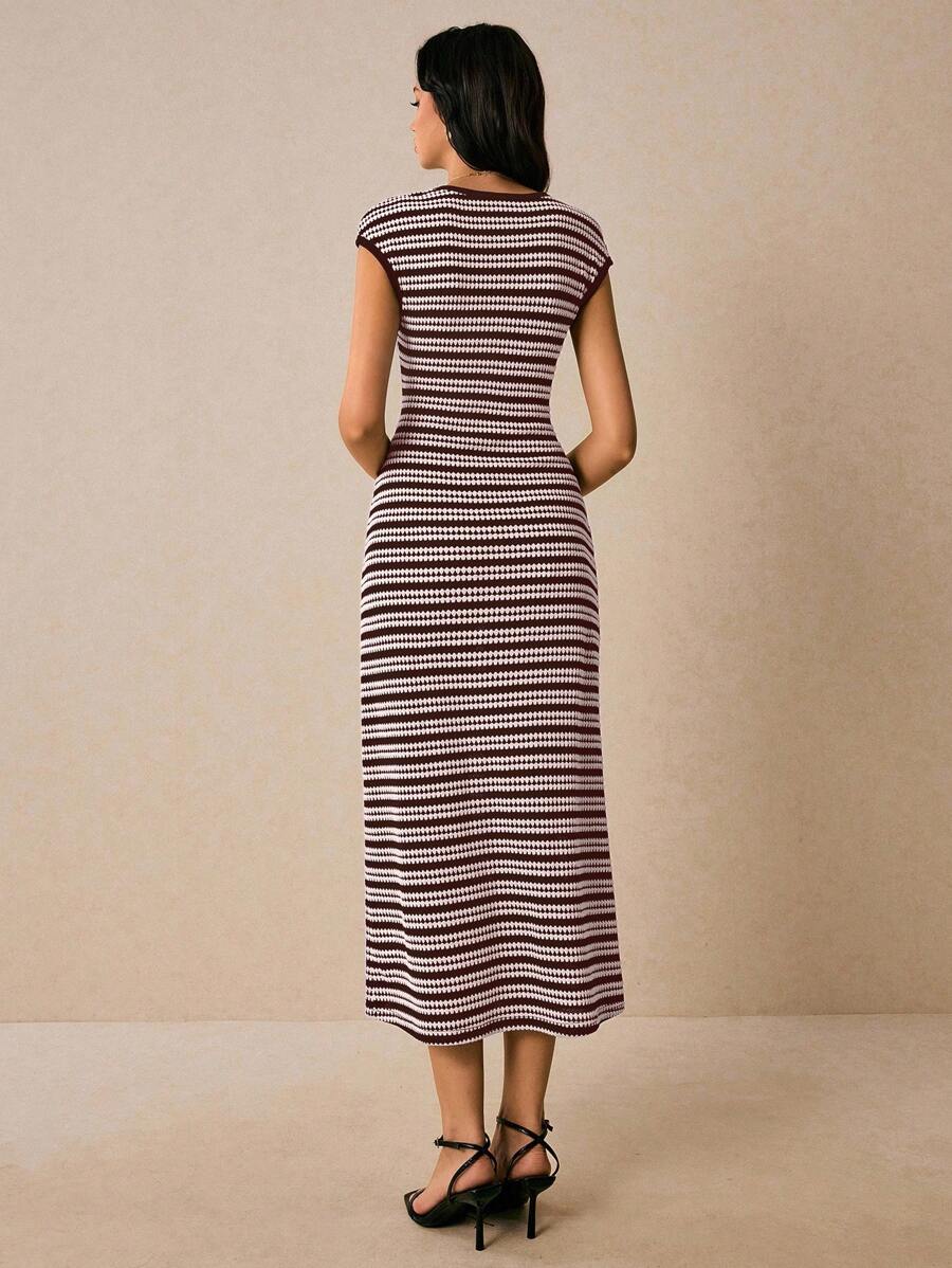 Burgundy cream striped sleeveless knit dress back view