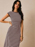 Burgundy cream striped sleeveless knit dress close front