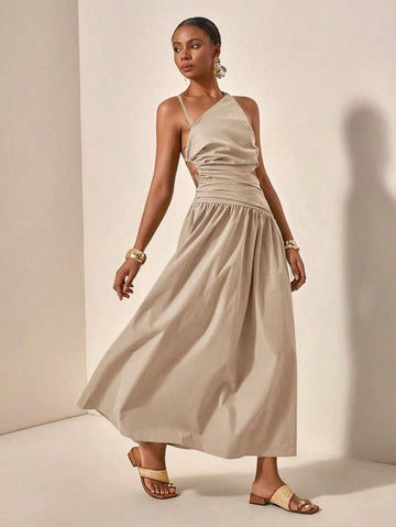 Asymmetrical Hollow-Out Backless Long Dress with Criss-Cross Straps for Casual Resort Style in Spring & Summer
