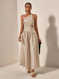 Beige one-shoulder cutout maxi dress front view