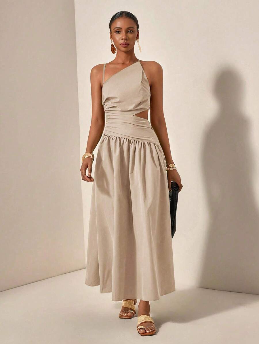 Beige one-shoulder cutout maxi dress front view