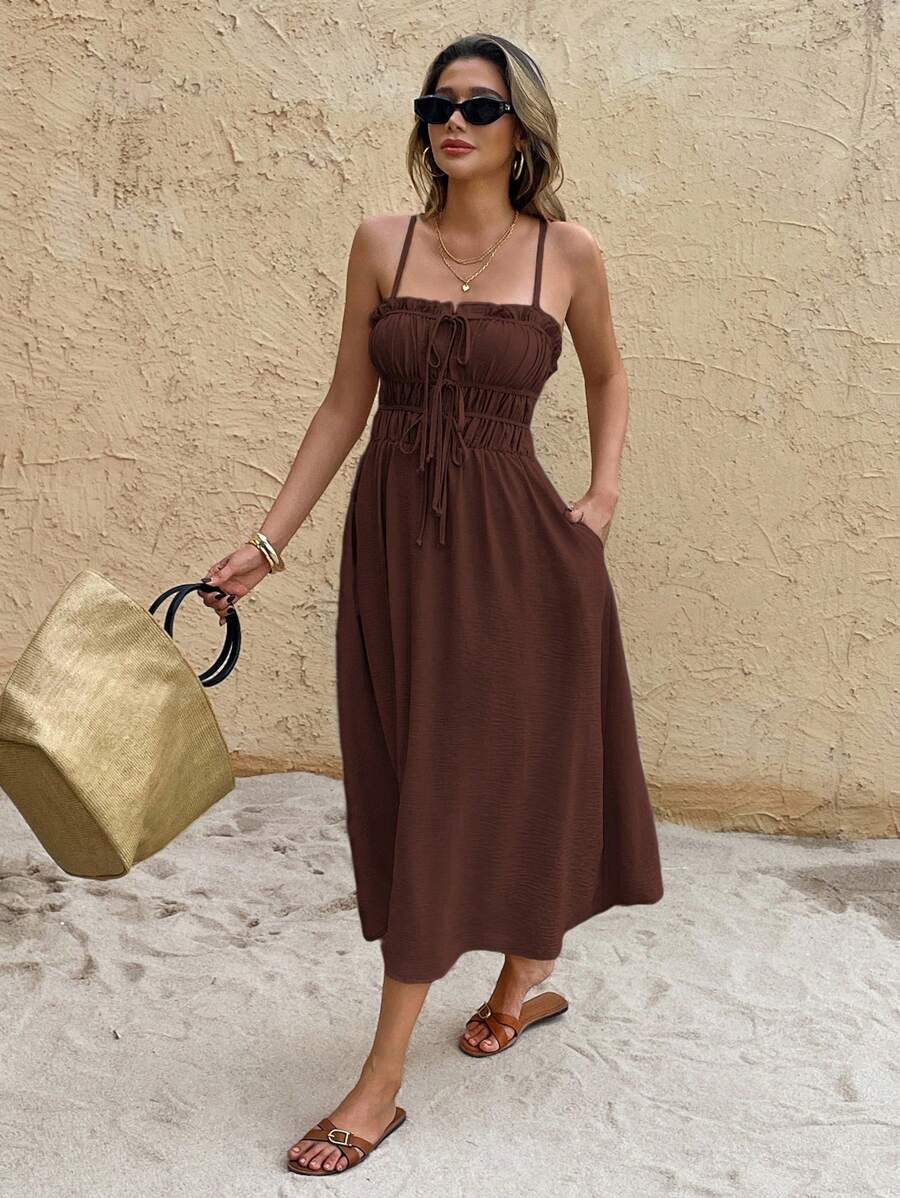 Brown tie-front midi dress with smocked waist and side pockets